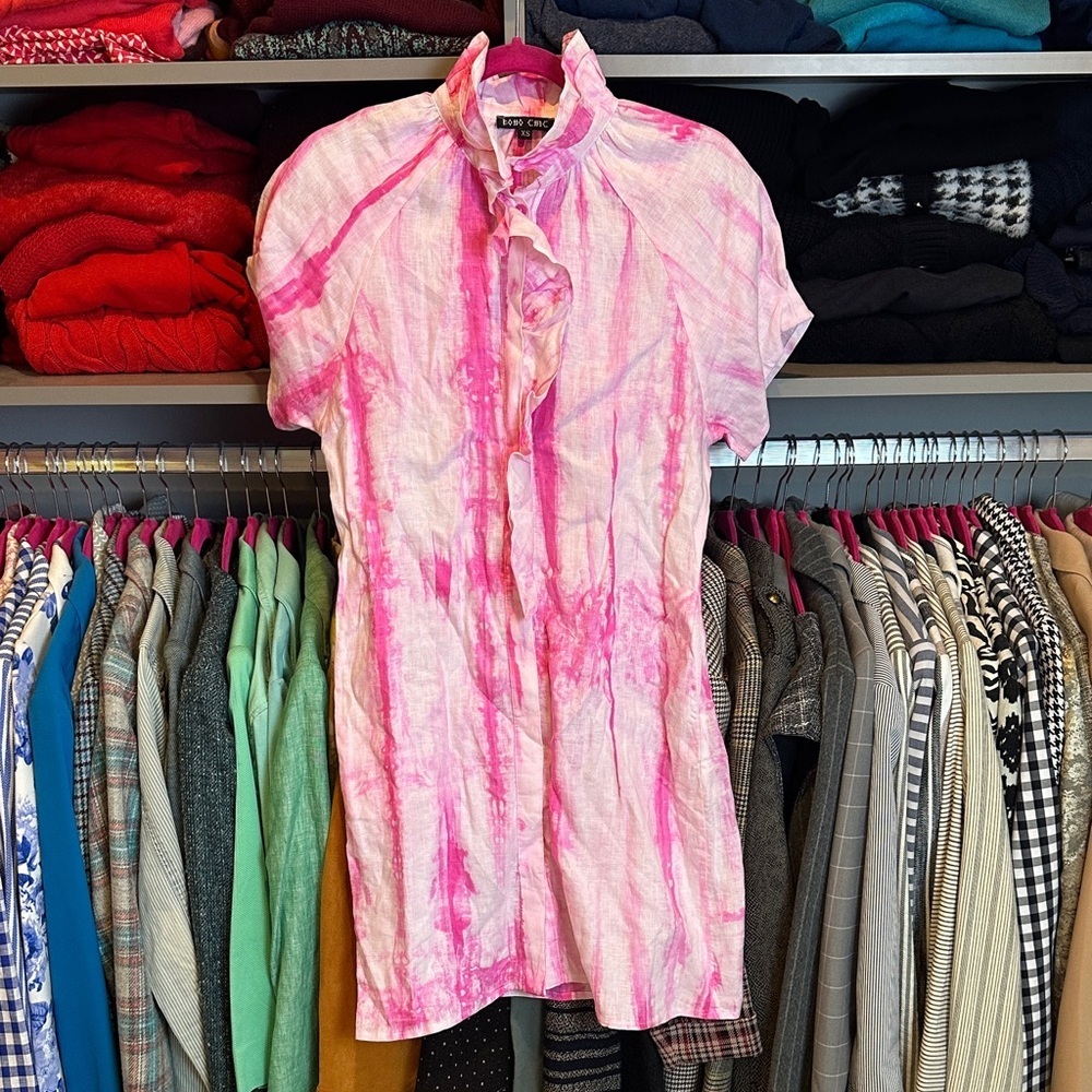 Boho Chic pink/white 100% linen tie dye short sleeve button down dress size S